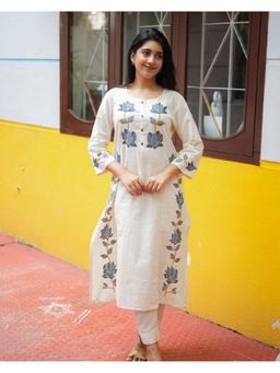 Suha - White Pure Cotton Embroidered Kurta with Pant