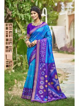 Mysilklove - James Blue Ikkat Soft Silk Saree with Unstitched Blouse