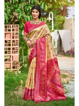 Mysilklove - Biscuit Cream Ikkat Soft Silk Saree with Unstitched Blouse