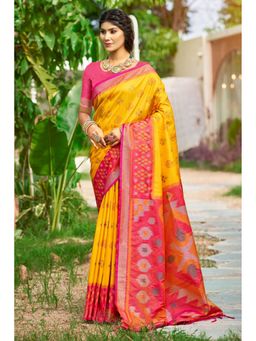 Mysilklove - Delayed Yellow Ikkat Soft Silk Saree with Unstitched Blouse