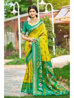 Mysilklove - Paint Yellow Ikkat Soft Silk Saree with Unstitched Blouse