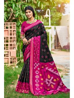 Mysilklove - Matte Black Ikkat Soft Silk Saree with Unstitched Blouse