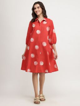 Pink Fort - Cotton Red A-Line Collar Neck Polka Dots Knee Length Dress