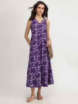 Pink Fort - Cotton Purple A-Line V-Neck Abstract Midi Dress