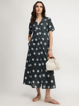 Pink Fort - Cotton Black A-Line V-Neck Polka Dots Midi Dress