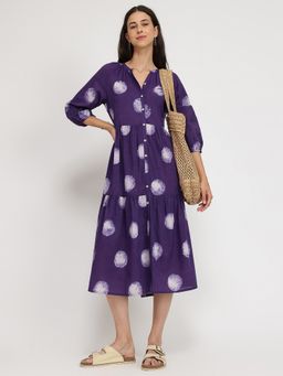 Pink Fort - Cotton Purple Flared Mandarin Neck Polka Dots Midi Dress