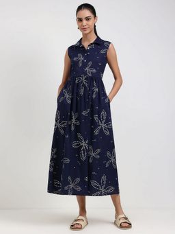 Pink Fort - Cotton Navy Blue Flared Collar Neck Floral Midi Dress