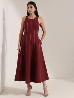 Pink Fort - Linen Blend Maroon A-Line Round Neck Stripes Midi Dress
