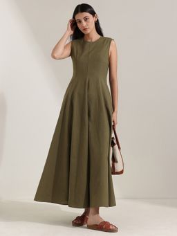 Pink Fort - Linen Blend Olive Flared Round Neck Solid Midi Dress