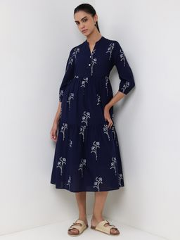Pink Fort - Cotton Navy Blue A-Line Mandarin Neck Floral Midi Dress