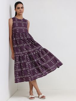 Pink Fort - Cotton Purple Relaxed Round Neck Geometric Midi Dress