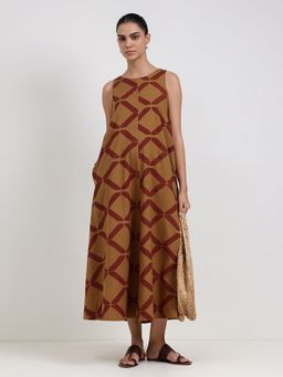 Pink Fort - Cotton Mustard A-Line Round Neck Geometric Midi Dress