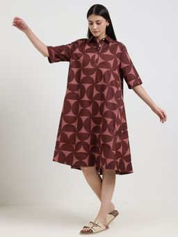 Pink Fort - Cotton Burgundy A-Line Collar Neck Geometric Knee Length Dress