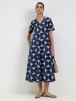 Pink Fort - Cotton Navy Blue A-Line V-Neck Geometric Midi Dress