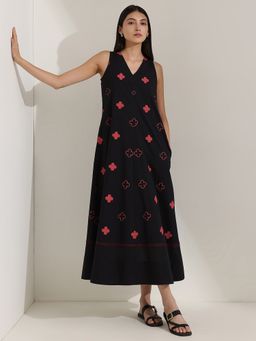 Pink Fort - Cotton Black A-Line V-Neck Geometric Maxi Dress
