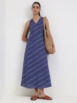 Pink Fort - Cotton Blue A-Line V-Neck Stripes Midi Dress