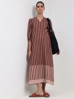 Pink Fort - Cotton Brown A-Line V-Neck Stripes Midi Dress