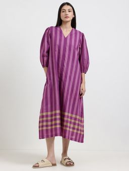 Pink Fort - Cotton Purple A-Line V-Neck Stripes Midi Dress