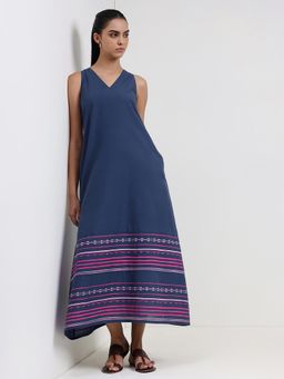 Pink Fort - Cotton Blue A-Line V-Neck Stripes Maxi Dress