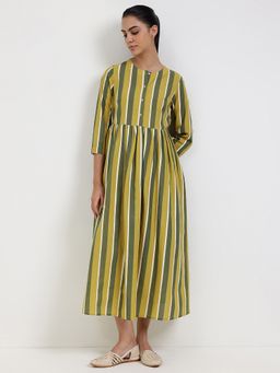 Pink Fort - Cotton Mustard A-Line Round Neck Colorblock Midi Dress