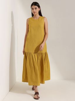 Pink Fort - Linen Blend Yellow A-Line Round Neck Solid Maxi Dress
