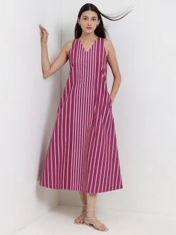 Pink Fort - Cotton Pink A-Line V-Neck Stripes Midi Dress
