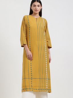 Pink Fort - Cotton Stripe Printed Yellow Women Kurta