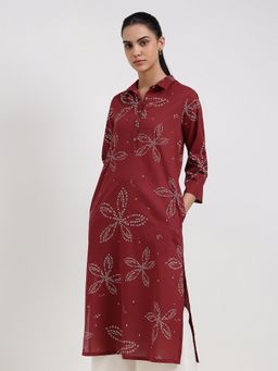 Pink Fort - Cotton Shirt Collar Maroon Women Kurta