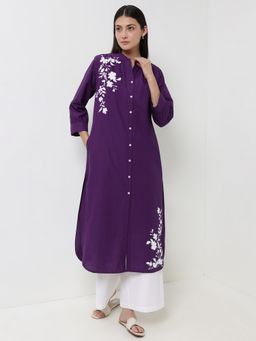 Pink Fort - Cotton Mandarin Neck Purple Women Kurta