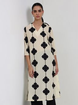 Pink Fort - Cotton Three Fourth Sleeves V-Neck Floral Cream Women Kurta