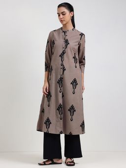 Pink Fort - Cotton Mandarin Neck Sleeve Grey Women Kurta