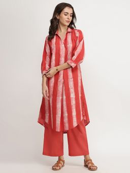 Pink Fort - Cotton A-Line Red Three Fourth Sleeve Kurta with Pant