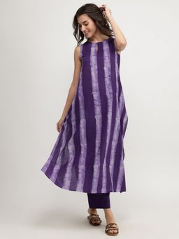 Pink Fort - Cotton A-Line Purple Sleeveless Round Neck Kurta with Pant