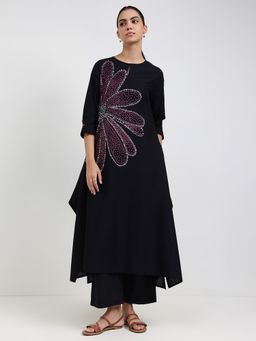 Pink Fort - Pure Cotton A-Line Black Bandhani Printed Kurta with Pant