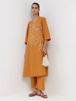 Pink Fort - Pure Cotton A-Line Mustard Floral Printed Kurta with Pant