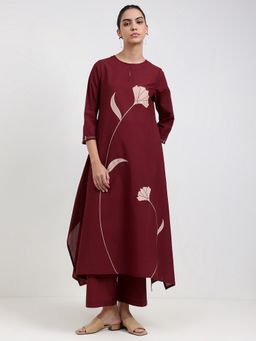 Pink Fort - Cotton A-Line Maroon Floral Print Round Neck Kurta with Pant