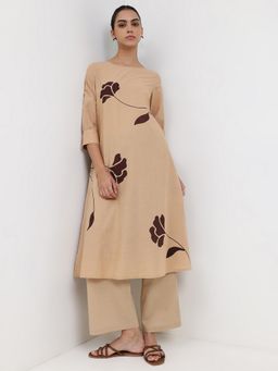 Pink Fort - Pure Cotton A-Line Beige Round Neck Floral Kurta with Pant