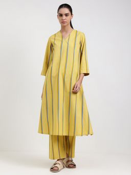 Pink Fort - Cotton A-Line Yellow V-Neck Striped Kurta with Pant