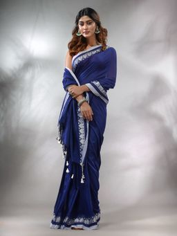 CHARUKRITI - Navy Blue Cotton Handwoven Saree with Woven Heart Borders & Unstitched Blouse