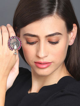Sohi - Women Silver Plated Red Stone Studded Peacock Ring