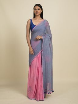 Suta - Lavender and Pink Floral Block Printed Mul Cotton Saree