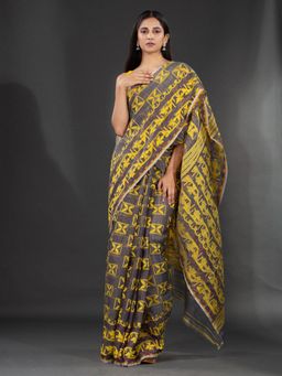CHARUKRITI - Grey Silk Cotton Hand Woven Soft Jamdani Saree