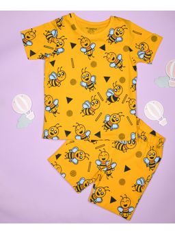 Be Awara - Half Sleeves Cotton T-shirt & Shorts Honeybee Print Yellow (Set of 2)