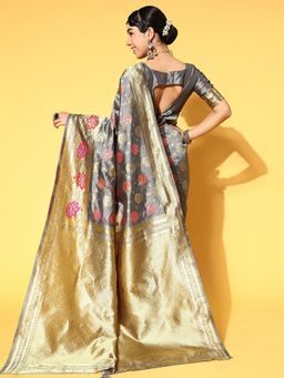 Odette - Silk Blend Grey Woven Design Saree with Unstitched Blouse