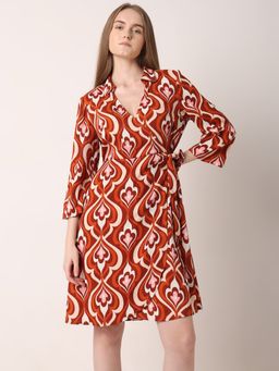 VERO MODA - Orange Printed Collar Neck Wrap Dress