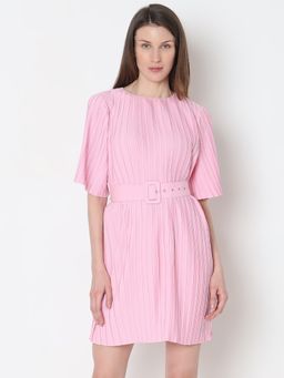 VERO MODA - Light Pink Pleated Mini Dress with Belt (Set of 2)