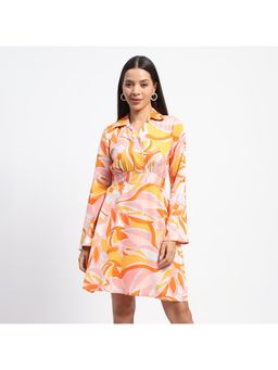 Madame - Cinch Waist Abstract Print Full Sleeves Multi-Colour Dress