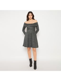 Madame - Off Shoulder Self Design Black Knitted Knee Length Dress