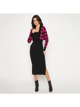 Madame - Black Solid Dress and Geometric Printed Shrug (Set of 2)