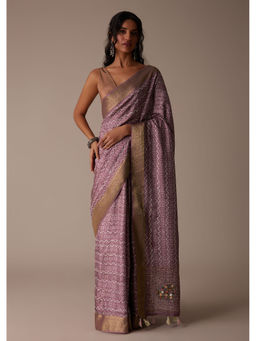 KALKI FASHION - Cherry Pink Saree in Tussar with Block Print and Zari Border with Unstitched Blouse
